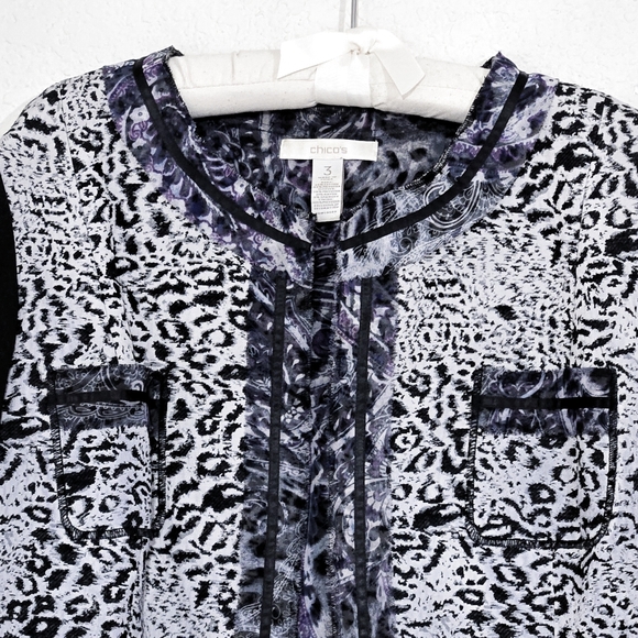 Chico's Animal Print Open Front Jacket Textured Mixed Fabrics White - Picture 4 of 6